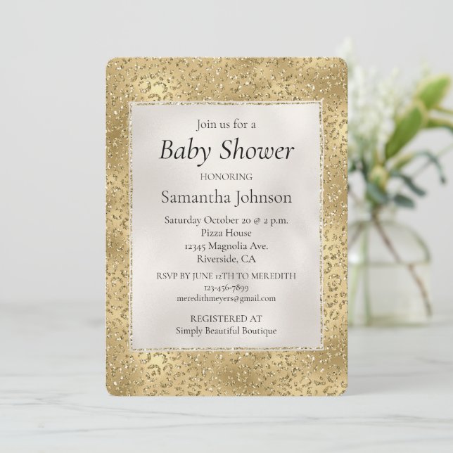 Gold Glam Glitzy Glitter Leopard Baby Shower     Invitation (Standing Front)
