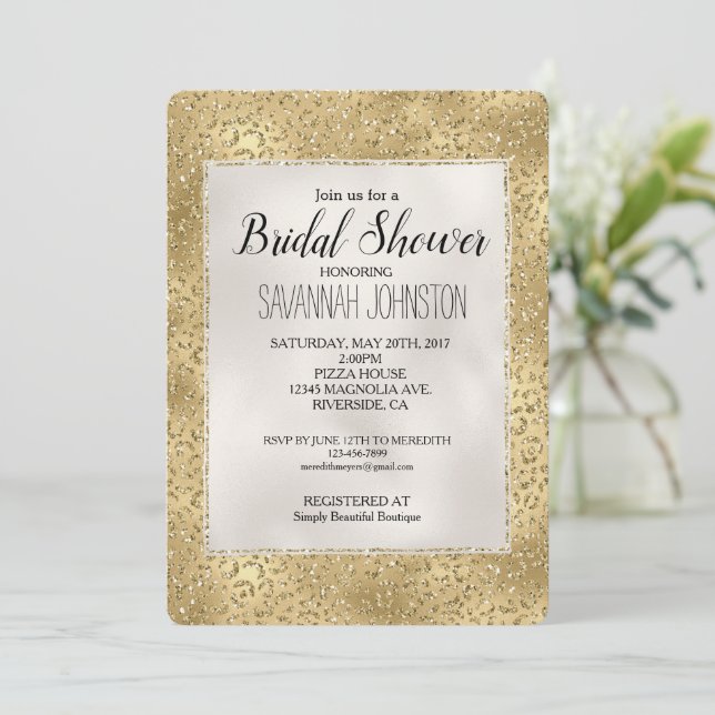 Gold Glam Glitzy Glitter Leopard Print Bridal  Invitation (Standing Front)