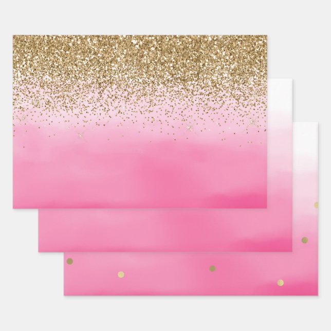 Gold Glam Glitzy Sparkle Glitter Pink Ombre Wrapping Paper Sheet (Set)