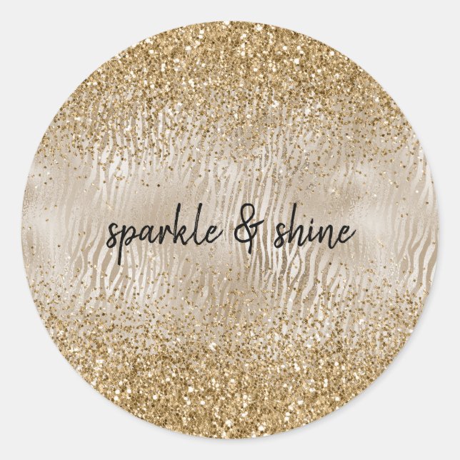Gold Glam Glitzy Zebra Print Faux Glitter Classic Round Sticker (Front)