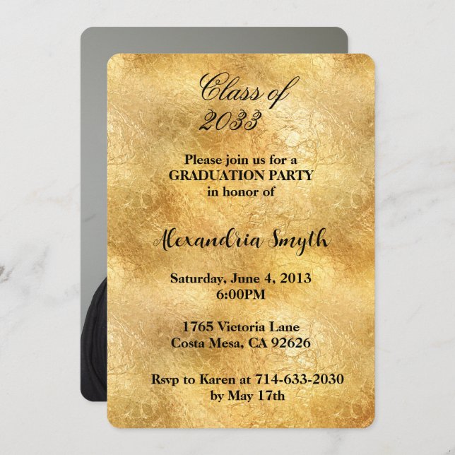 Gold Glam Graduation Your Photo Invitation (Front/Back)