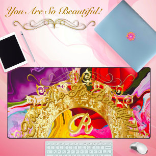 Gold Glam Initial R Monogram Motivation Abstract  Desk Mat