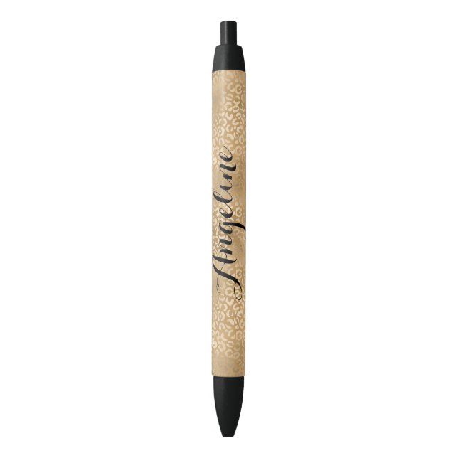 Gold Glam Leopard Print Personalized Black Ink Pen (Front Vertical)