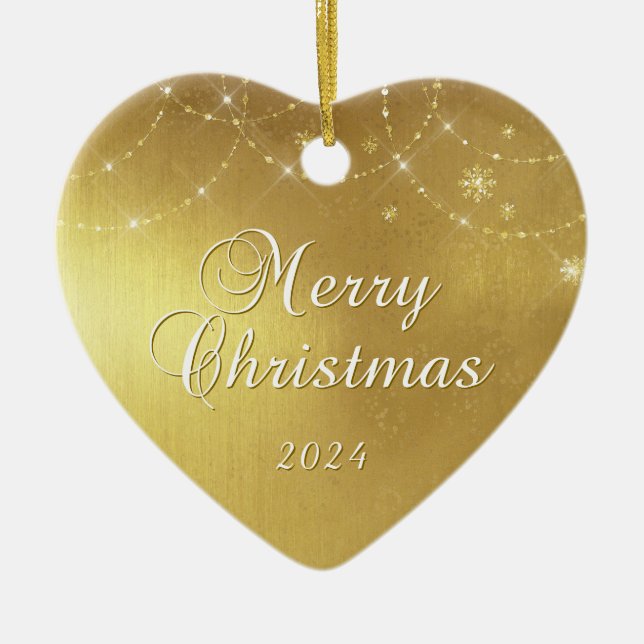 Gold Glam Merry Christmas Couple Photo Ceramic Ornament (Front)