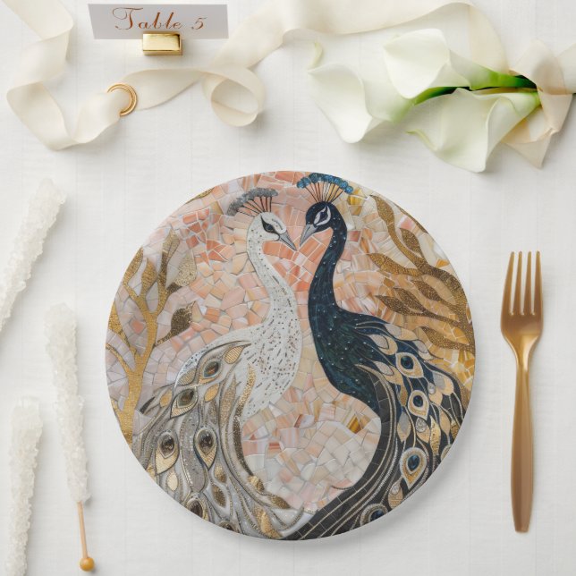 Gold Glam Peacocks Wedding Paper Plate (Wedding)