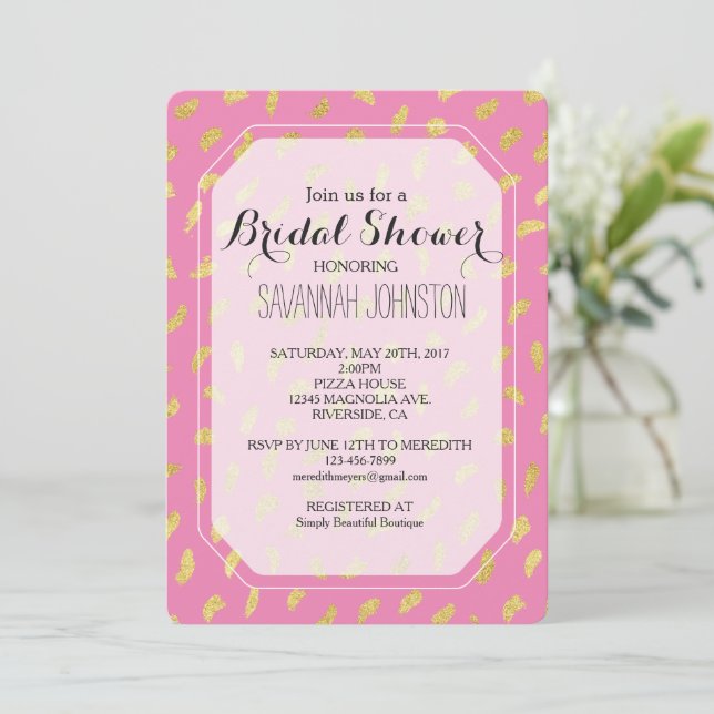 Gold Glam Pink Abstract Bridal Shower Invitation (Standing Front)