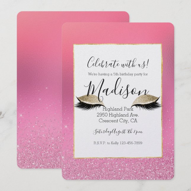 Gold Glam Pink Glitzy Eyes Birthday Invitation (Front/Back)