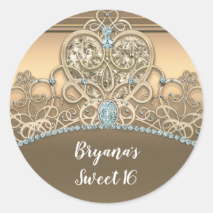 Gold Glam Princess Heart Tiara Birthday Party Classic Round Sticker