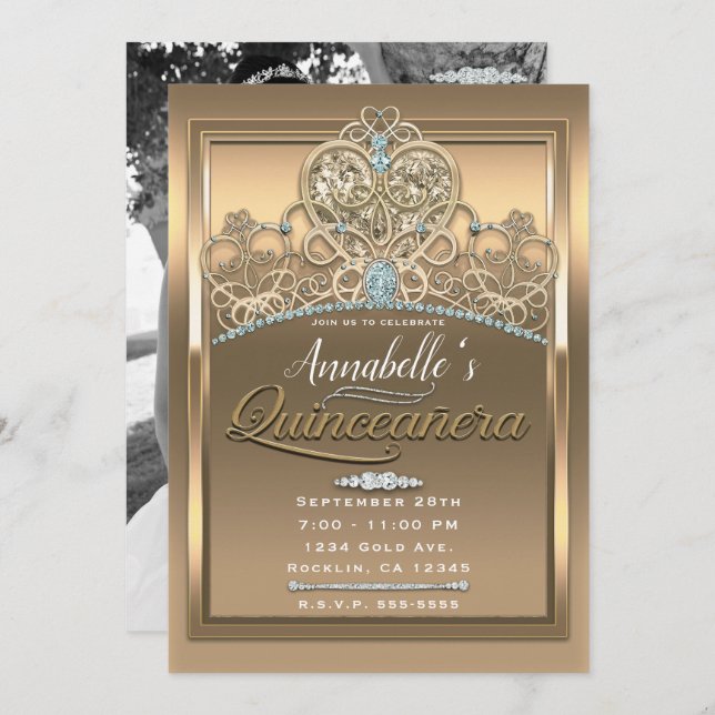 Gold Glam Princess Heart Tiara Quinceañera Photo Invitation (Front/Back)