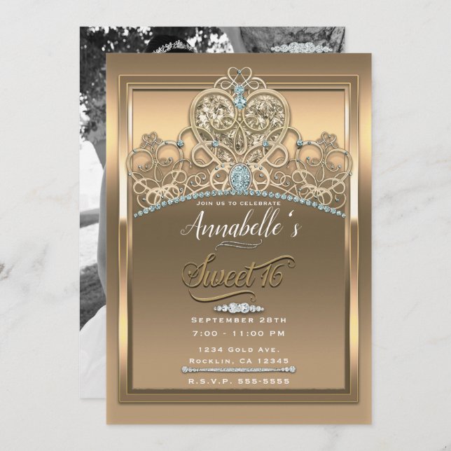 Gold Glam Princess Heart Tiara Sweet 16 Photo Invitation (Front/Back)