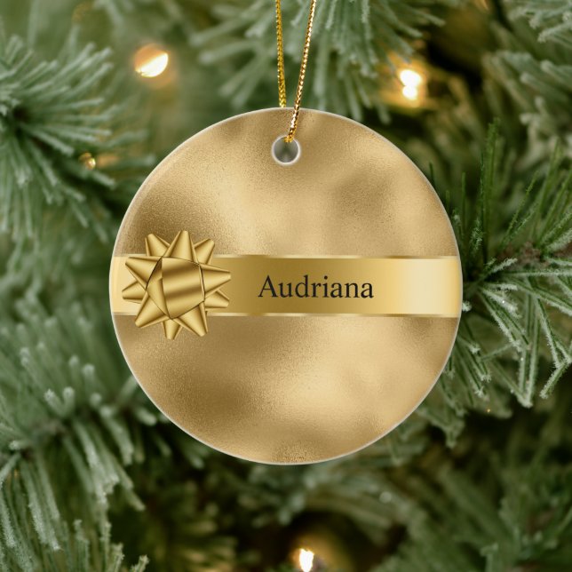 Gold Glam Ribbon and Bow Christmas Ceramic Ornament (Tree)