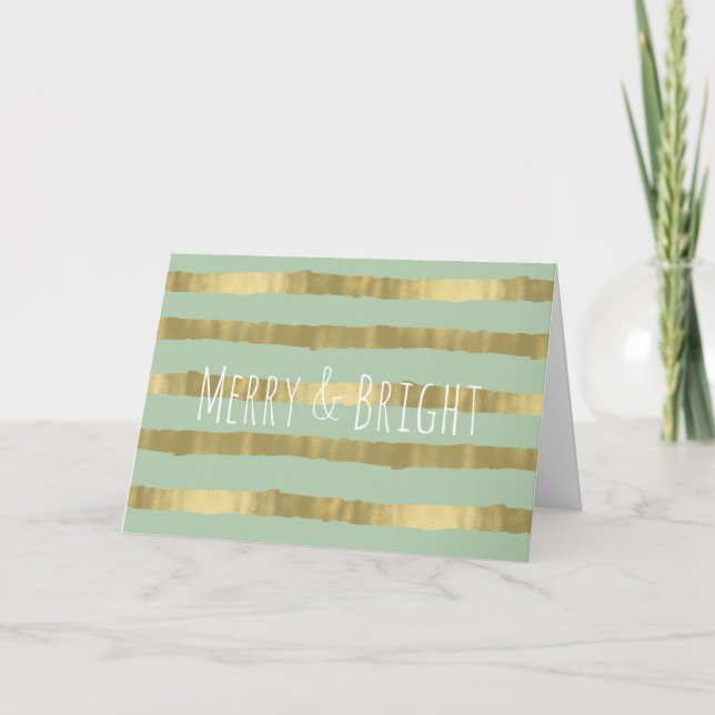 Gold Glam Stripes Merry and Bright Holiday Card (Front)