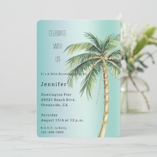 Gold Glam Tropical Palm Tree Birthday Invitation (Standing Front)