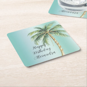 Gold Glam Tropical Palm Tree Birthday Square Paper Coaster