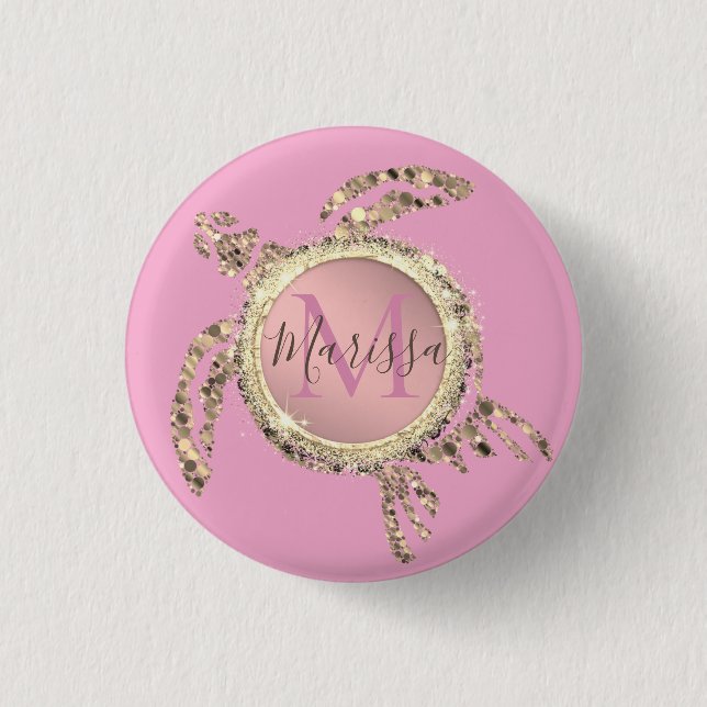 Gold Glam Turtle Monogram  3 Cm Round Badge (Front)