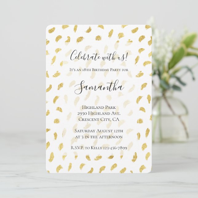 Gold Glam White Abstract Birthday Invitation (Standing Front)