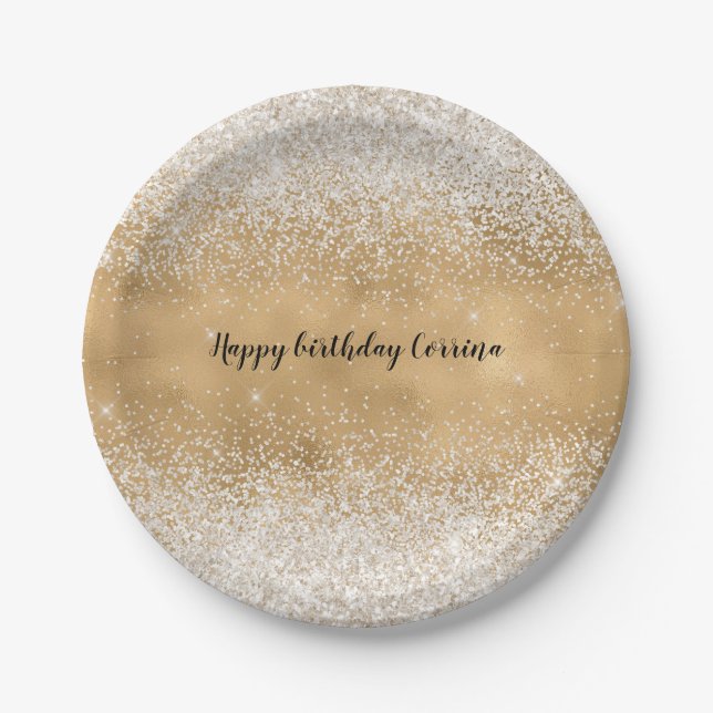 Gold Glam White Glitter Sparkle Paper Plate (Front)