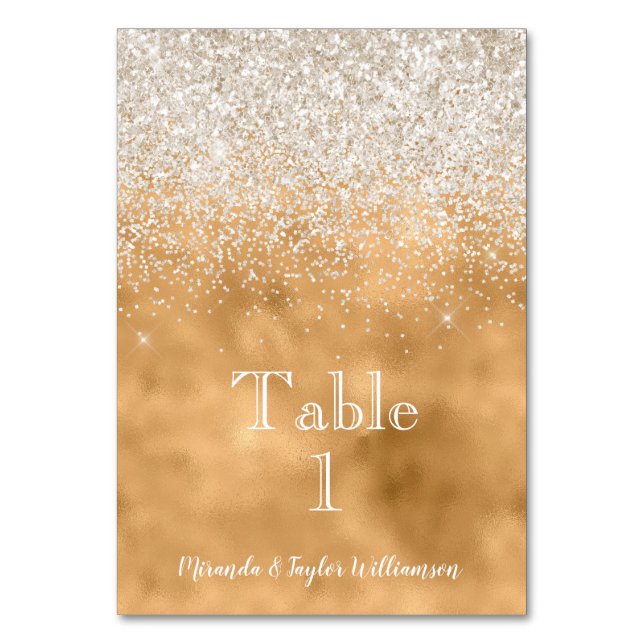 Gold Glam White Glitter Sparkle Table Number (Front)