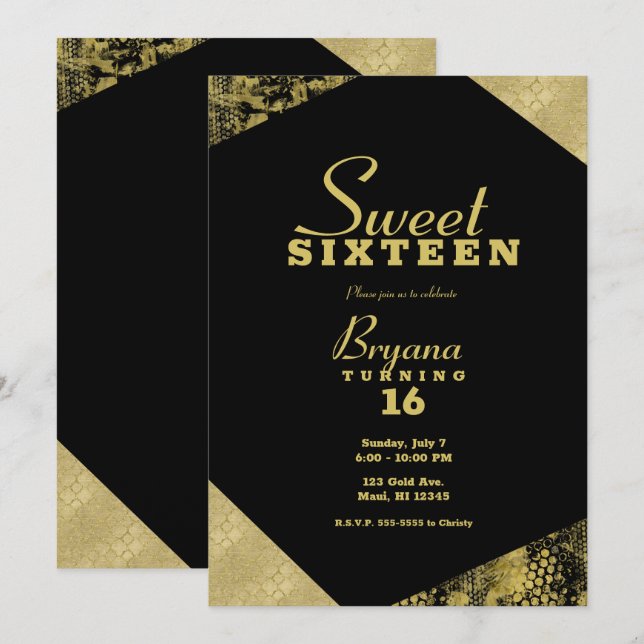 Gold Glamour Geometric Modern Chic Sweet 16 Party Invitation (Front/Back)