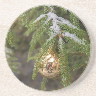 Gold Glass Christmas Ornament On Evergreen Tree Coaster