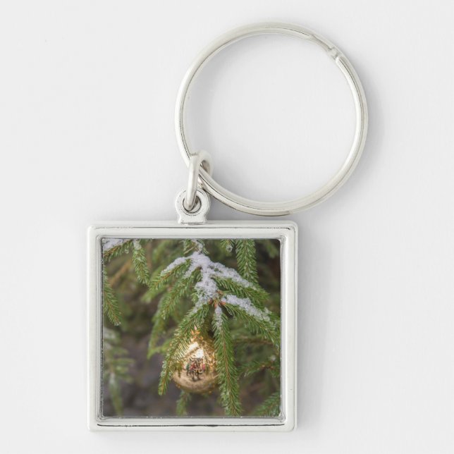 Gold Glass Christmas Ornament On Evergreen Tree Key Ring (Front)