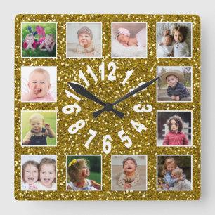 Gold Glitter 12 Photo Collage Square Wall Clock