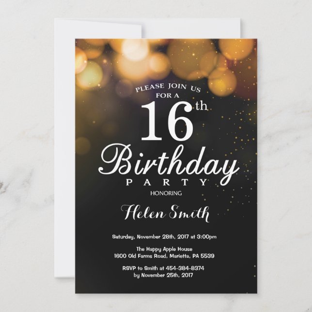 Gold Glitter 16th Birthday Invitation Card (Front)