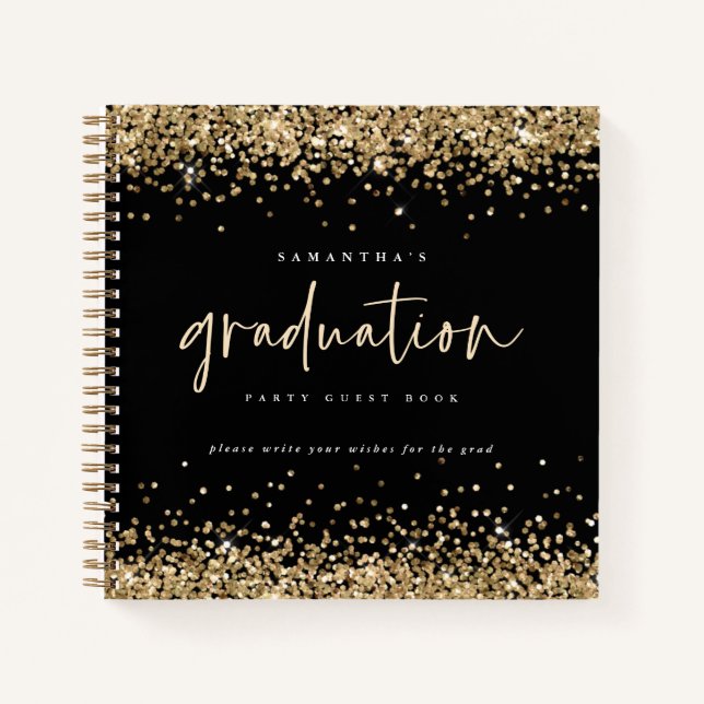 Gold Glitter 2022 Graduation Guest Book Black (Front)