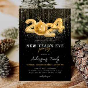 Gold Glitter 2024 New Year's Eve Party Black Invitation