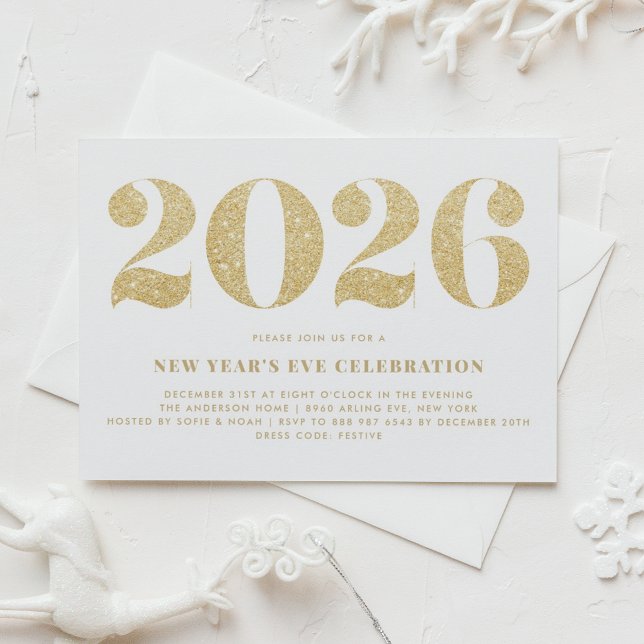 Gold Glitter 2024 New Year's Eve Party Invitation (Customizable 2026 New Year's Eve party invitation featuring faux gold glitter.)