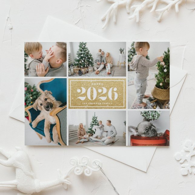 Gold Glitter 2025 Happy New Year Photo Collage Holiday Card (Send 2026 new year cheer with this photo collage Happy New Year Card featuring faux gold glitter. )