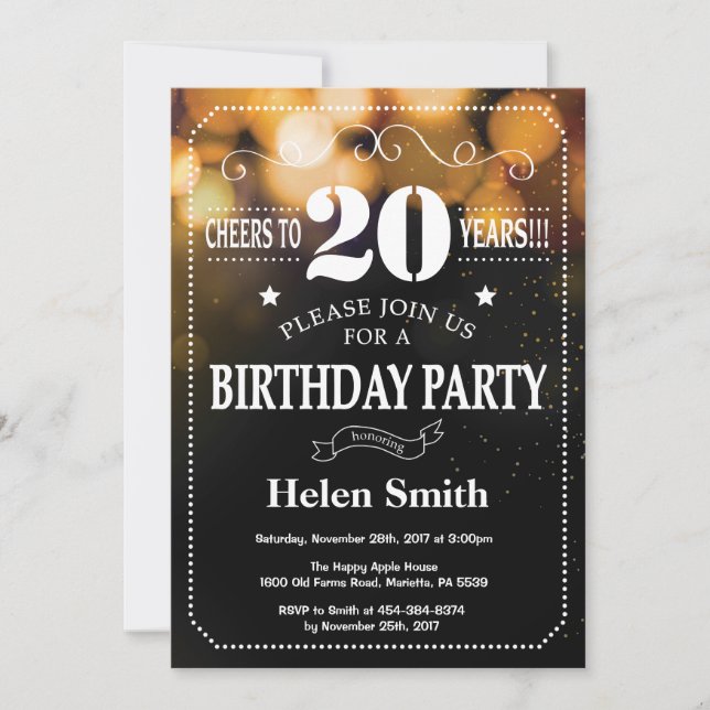 Gold Glitter 20th Birthday Invitation (Front)