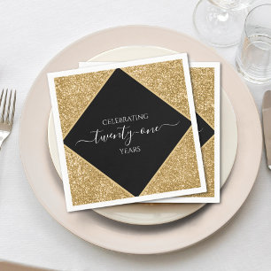 Gold Glitter 21st Anniversary Happy Birthday Party Napkin