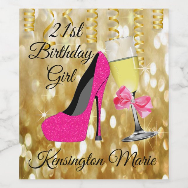 Gold Glitter 21st Birthday Girl Sparkling Wine or Wine Label (Single Label)