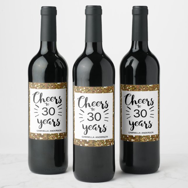 Gold Glitter 30th Birthday - Cheers to 30 Years Wine Label (Bottles)