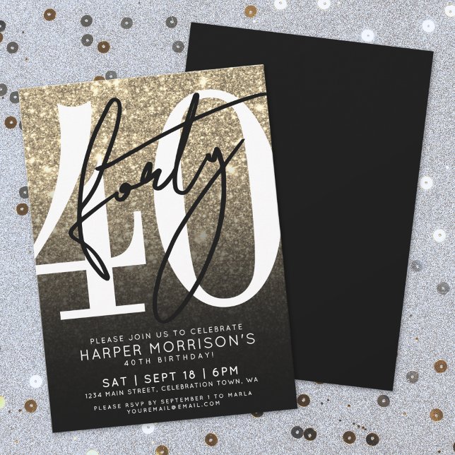 Gold Glitter 40th Birthday Invitation (Rose Gold Pink Glitter 40th Birthday Invitation)