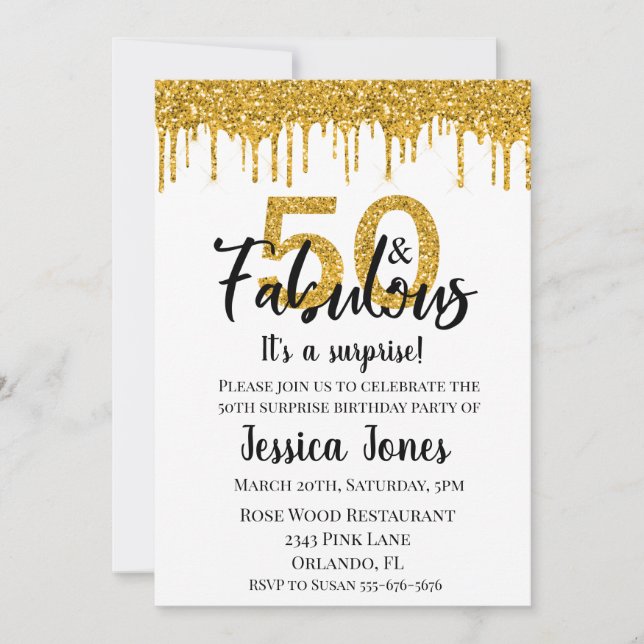 Gold Glitter 50 and Fabulous Fifty Surprise Party Invitation (Front)