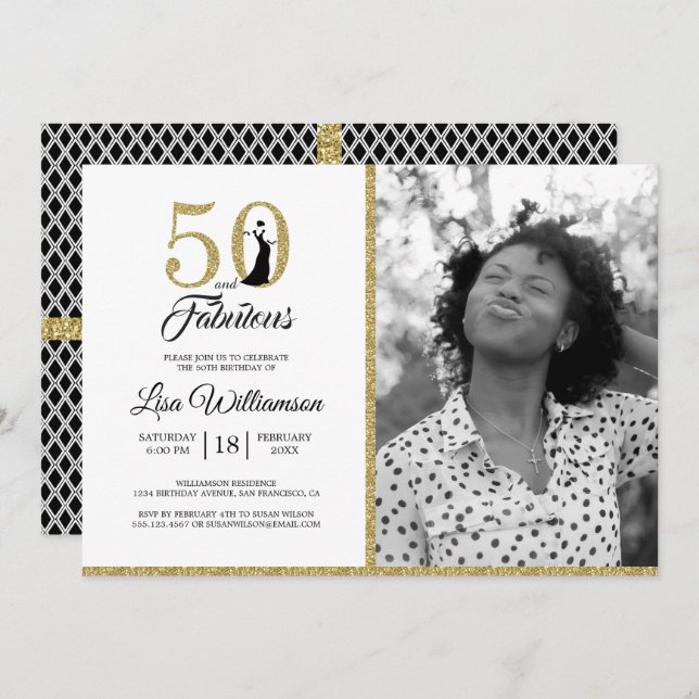 Gold Glitter 50 Fabulous 50th Birthday Party Photo Invitation (Front/Back)