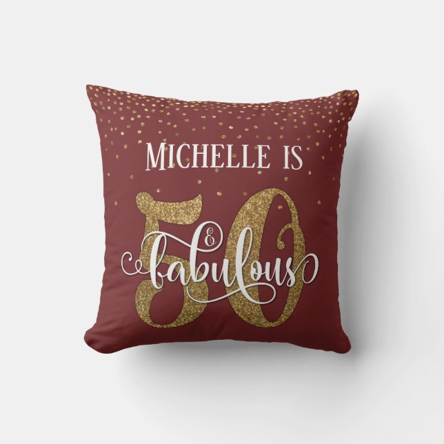Gold Glitter 50 & Fabulous Birthday Burgundy Cushion (Front)