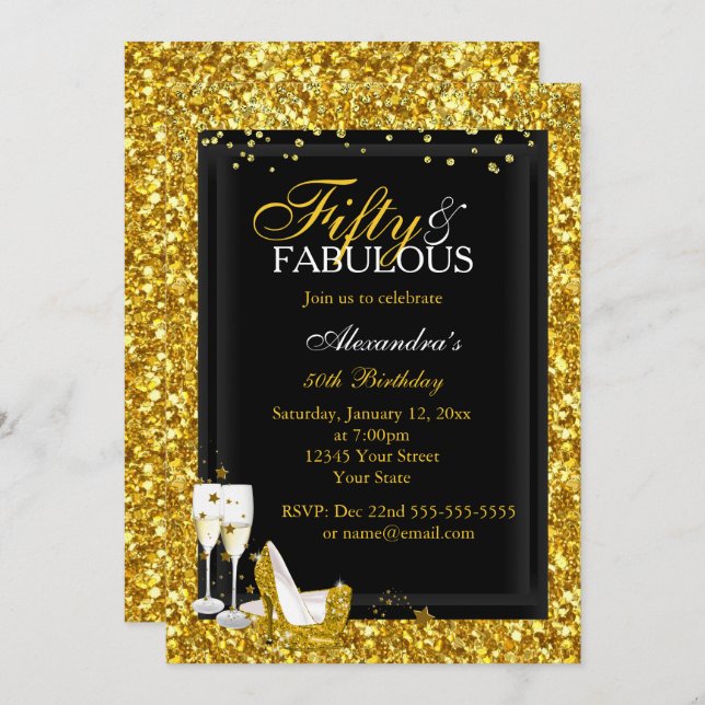 Gold Glitter 50 Fabulous Birthday champagne party Invitation (Front/Back)