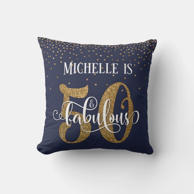 Gold Glitter 50 & Fabulous Birthday on Navy Cushion (Front)