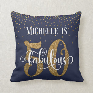 Gold Glitter 50 & Fabulous Birthday on Navy Cushion