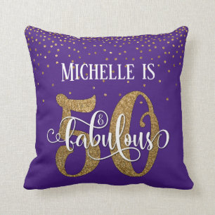 Gold Glitter 50 & Fabulous Birthday on Purple Cushion