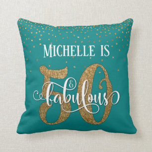 Gold Glitter 50 & Fabulous Birthday on Teal Cushion