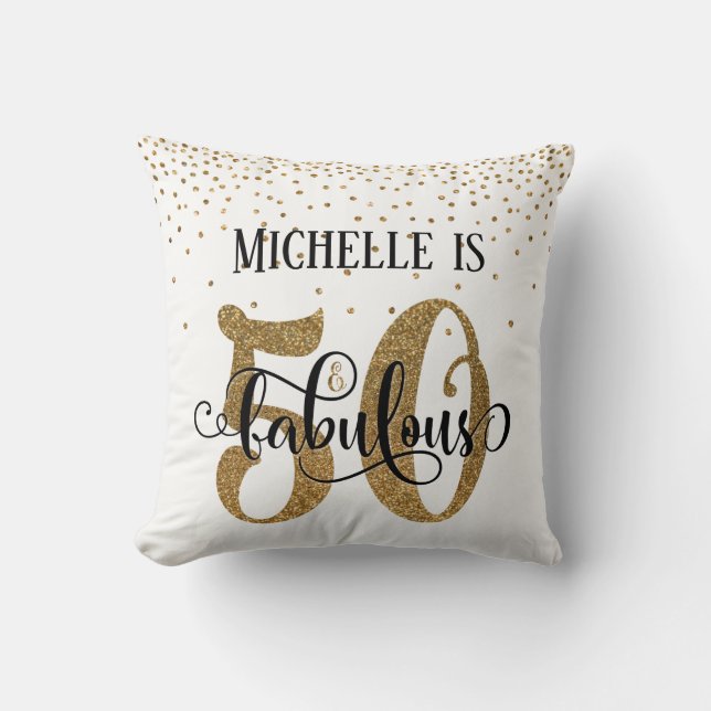 Gold Glitter 50 & Fabulous Birthday on White Cushion (Front)