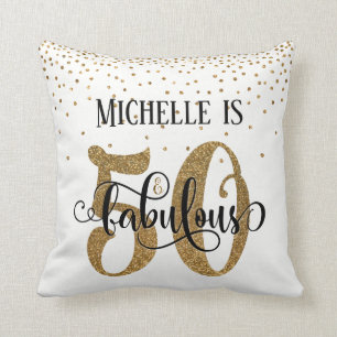 Gold Glitter 50 & Fabulous Birthday on White Cushion