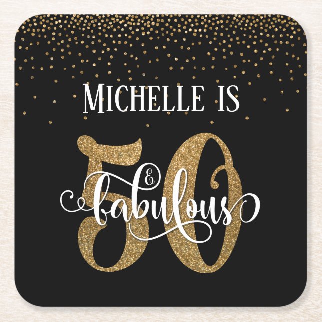 Gold Glitter 50 & Fabulous Black Birthday Square Paper Coaster (Front)
