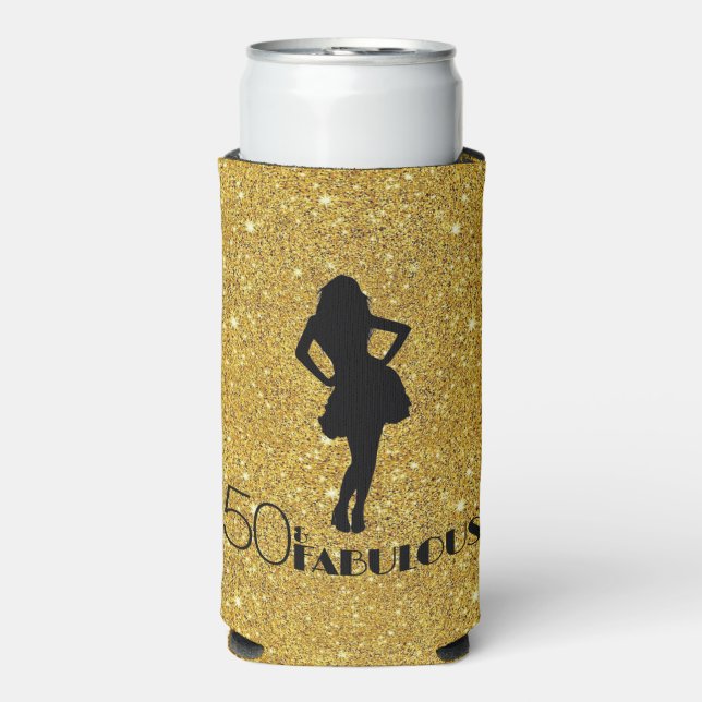 Gold Glitter 50 & FABULOUS Modern Glam Silhouette  Seltzer Can Cooler (Seltzer Front)