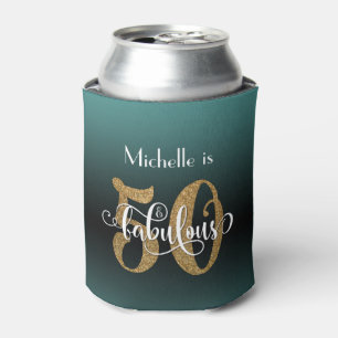 Gold Glitter 50 & Fabulous Teal Ombre Birthday Can Cooler