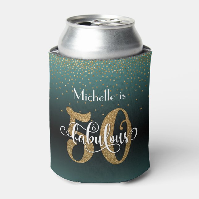 Gold Glitter 50 & Fabulous Teal Ombre Birthday Can Cooler (Can Front)